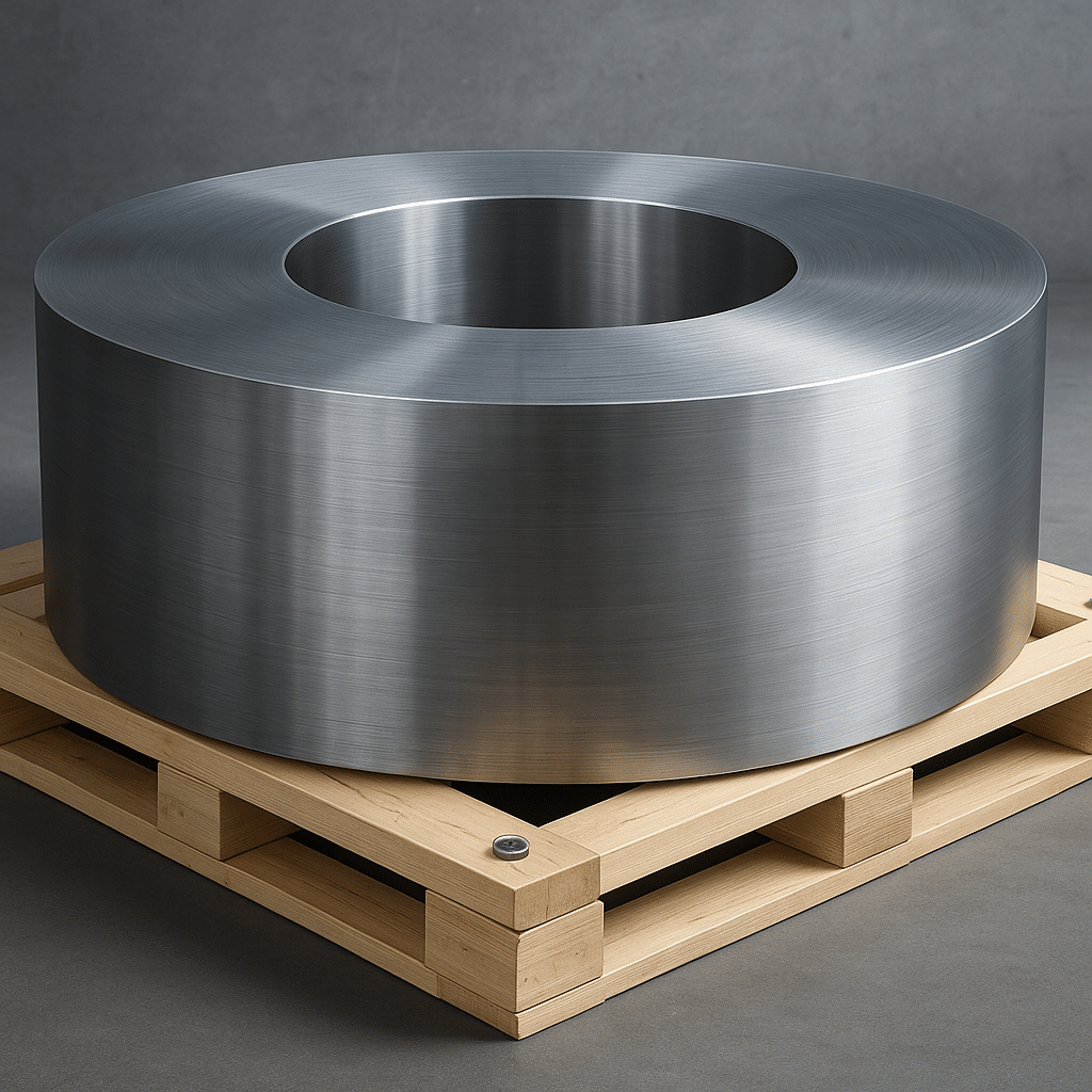 Large metallic cylinder on wooden pallet.