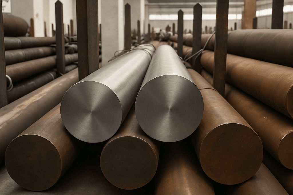 Metal rods stacked in industrial setting.
