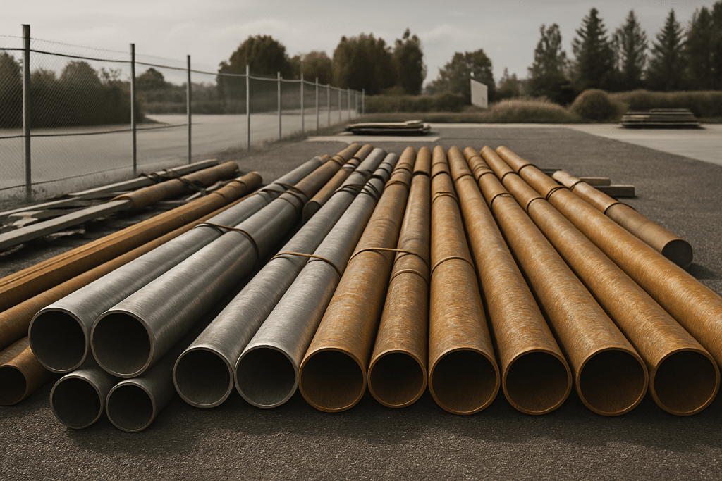 Stacked metal pipes in various colors.