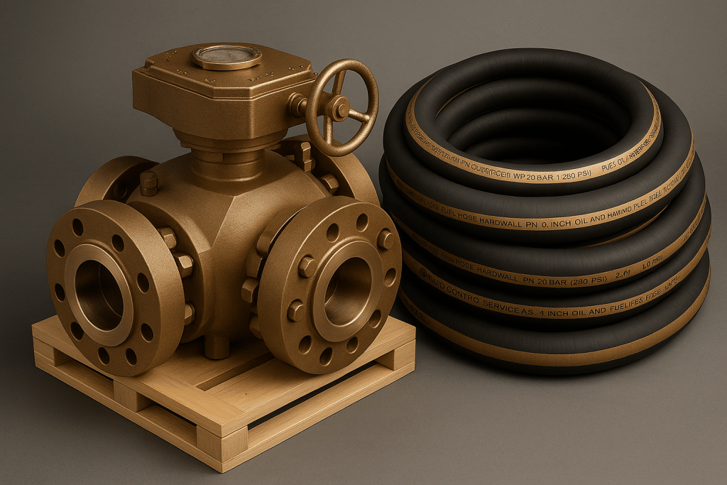 Bronze valve with industrial hoses nearby