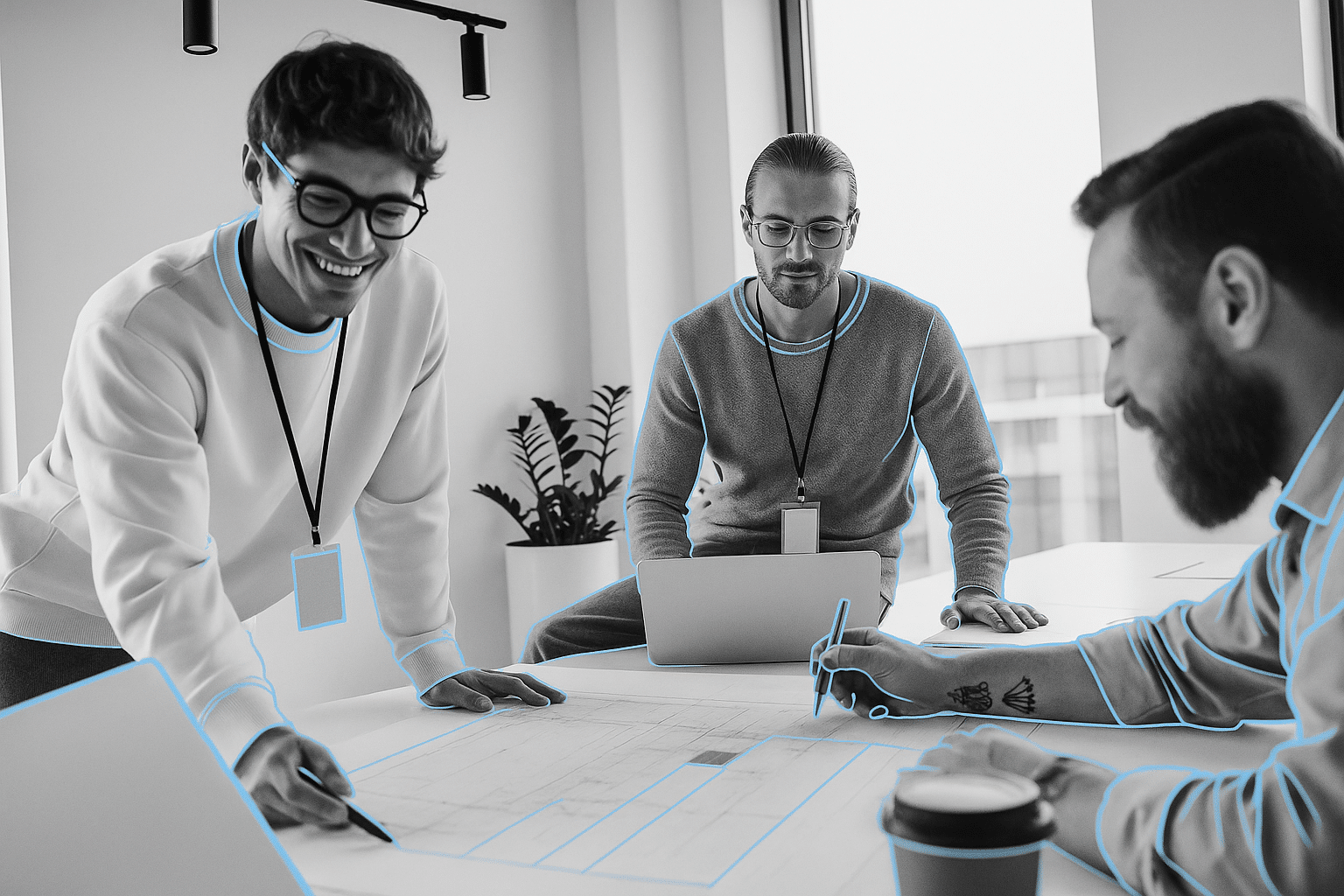 Collaborative meeting with laptops and plans.