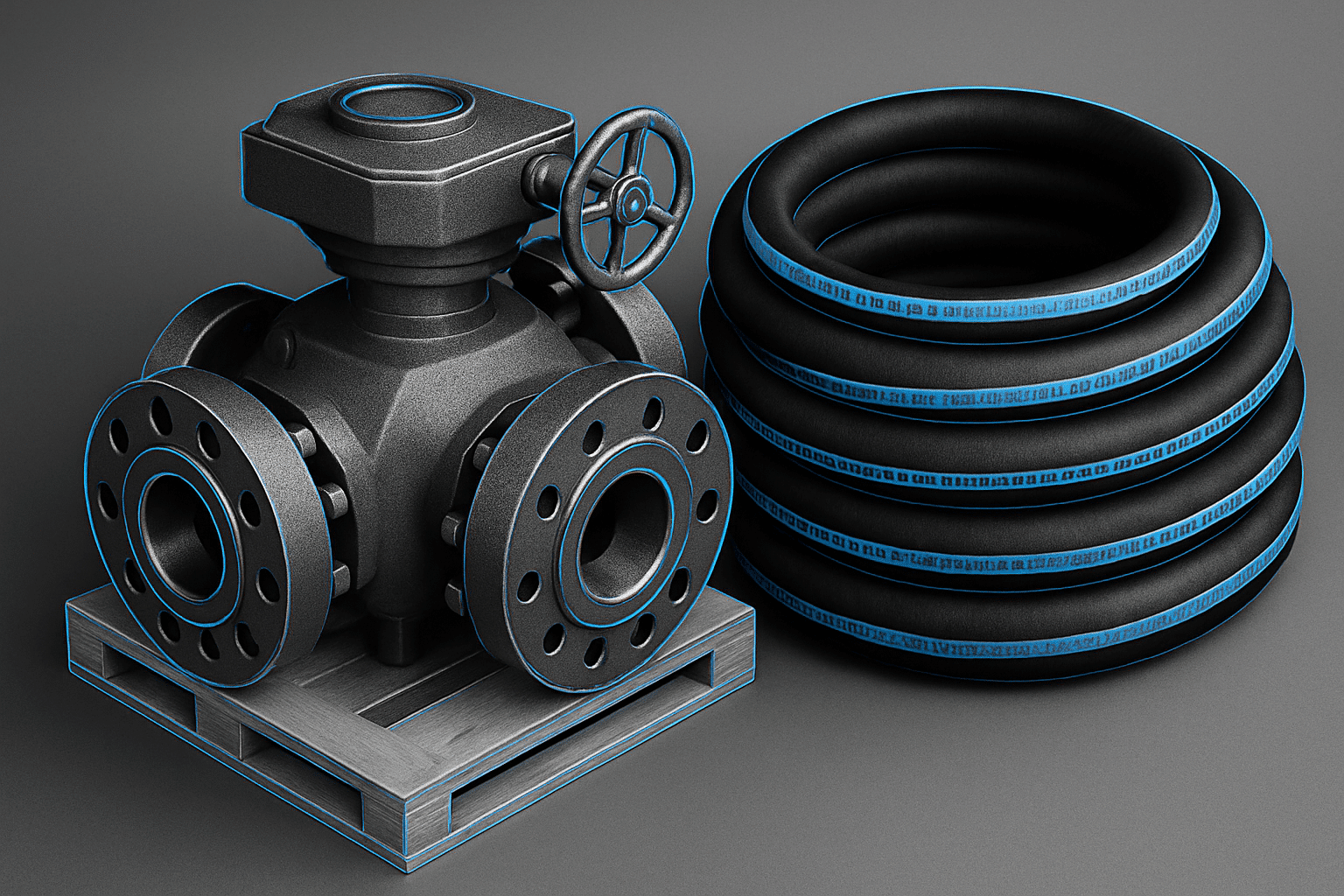 Industrial valve with coiled hoses.