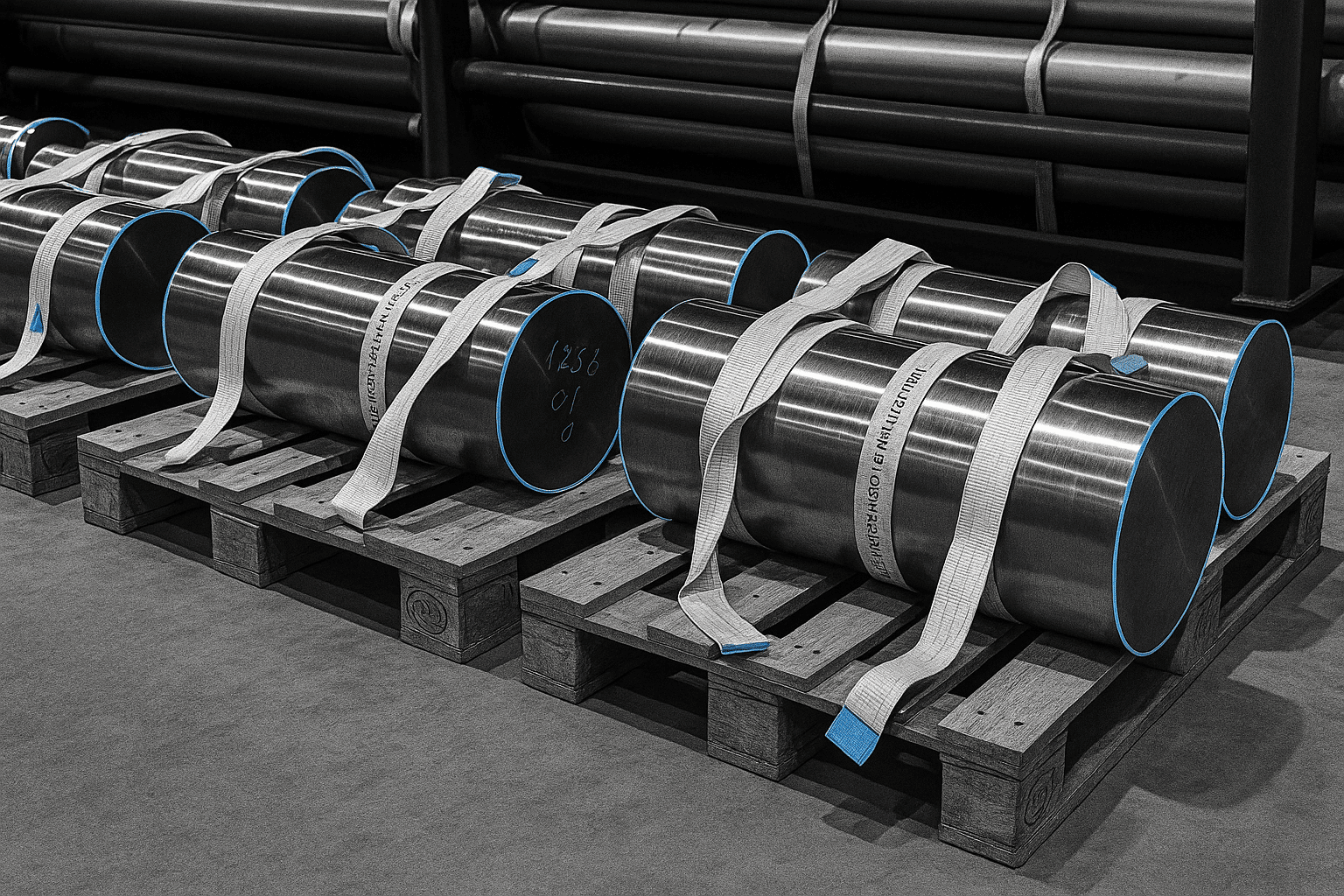 Metal cylinders on wooden pallets.