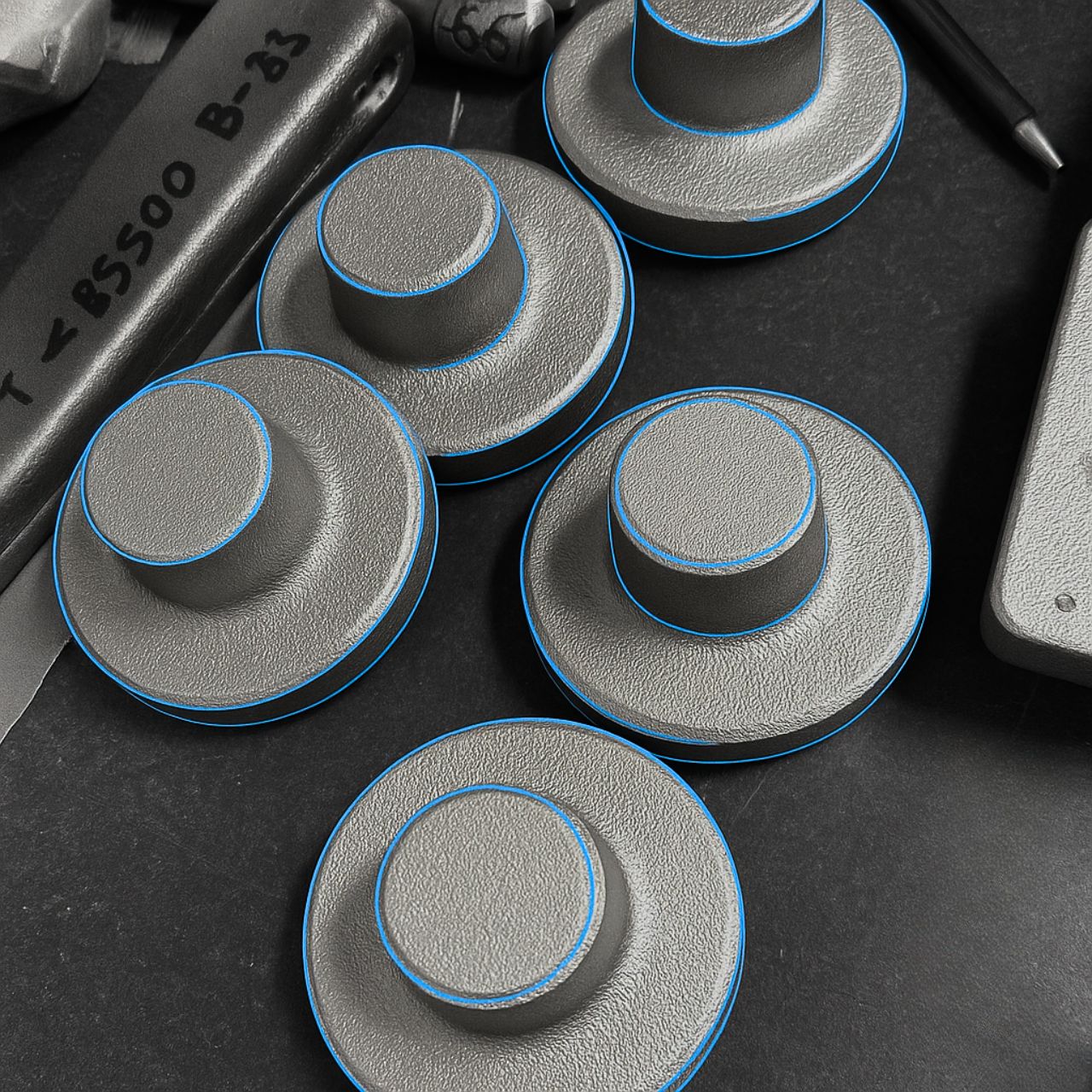 Five gray objects with blue outlines