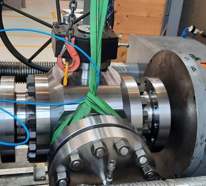 Trunnion ball valve undergoing testing setup