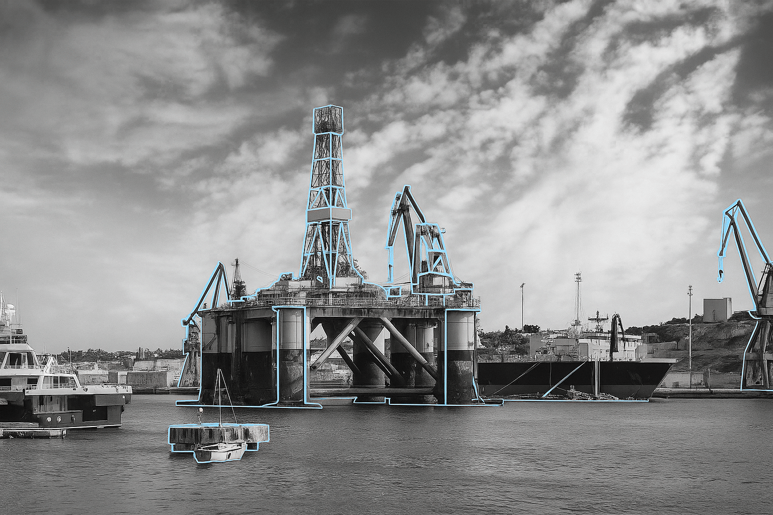 Oil rig surrounded by boats and cranes