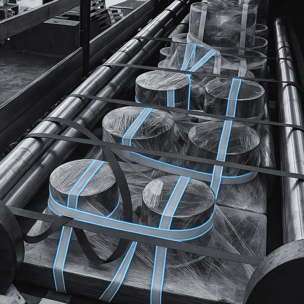 Stacked cylindrical objects wrapped securely